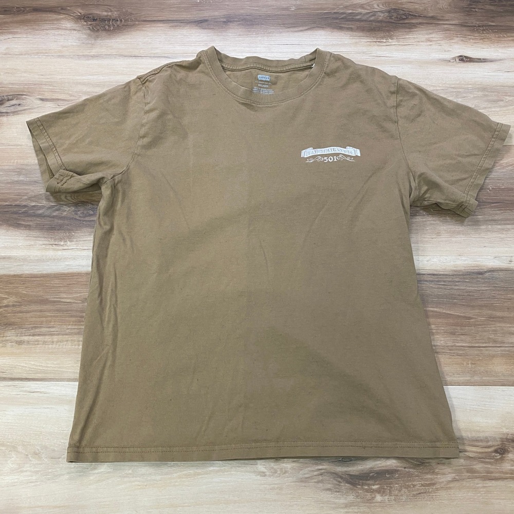 Levi's T-Shirt Small 501 Button Fly Graphic Cotton Relaxed Fit Brown Tan